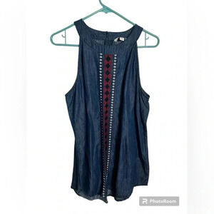 Denim inspired blue tank with red embroidery detail down the center Size L